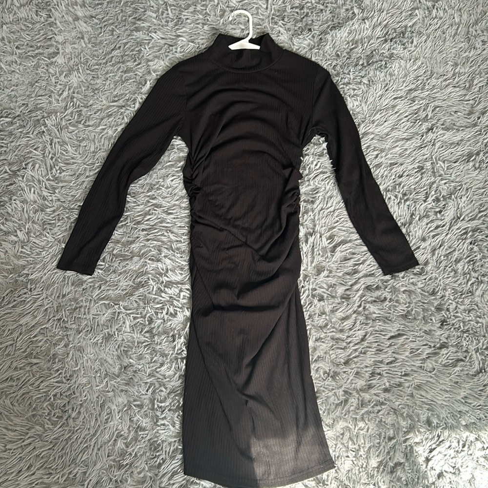 Black Ribbed Long Sleeve Fitted Dress